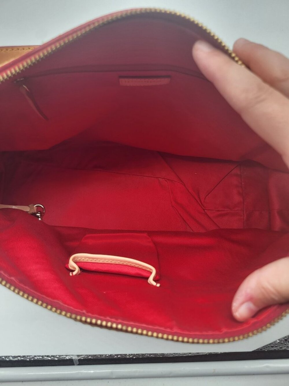 Dooney & Bourke Blue Denim Logo Brocade Shoulder Bag Brown Leather Red Interior - Picture 13 of 13